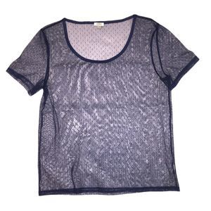 Fossil Sheer Mesh Lace Navy Blue Blouse T Shirt Top M